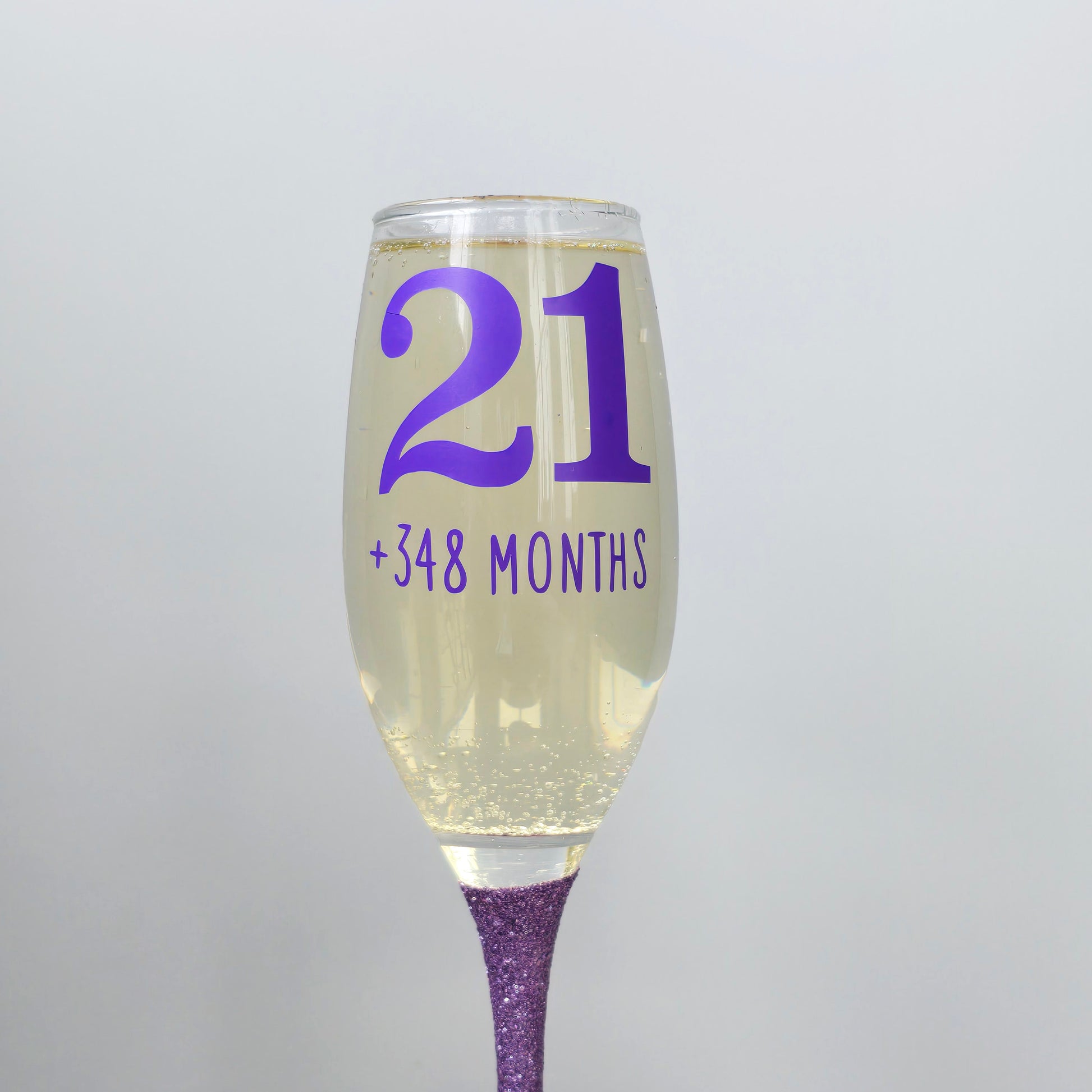 Prosecco glass or Champagne flute decorated with high shine glitter stem and personalised with 21 + the number of months to make up a 30th, 40th, 50th, 60th or 70th Birthday.
