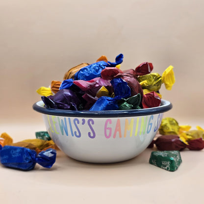 White and Blue Enamel metal snack bowls with sweets and treats, movie night, pamper night or gaming snacks in white, purple, blue or rainbow font, personalised with a name.