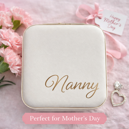 Faux leather, travel jewellery box personalised with a name in the middle in the bottom corner. Travel size jewellery case with zip and internal jewellery dividers.