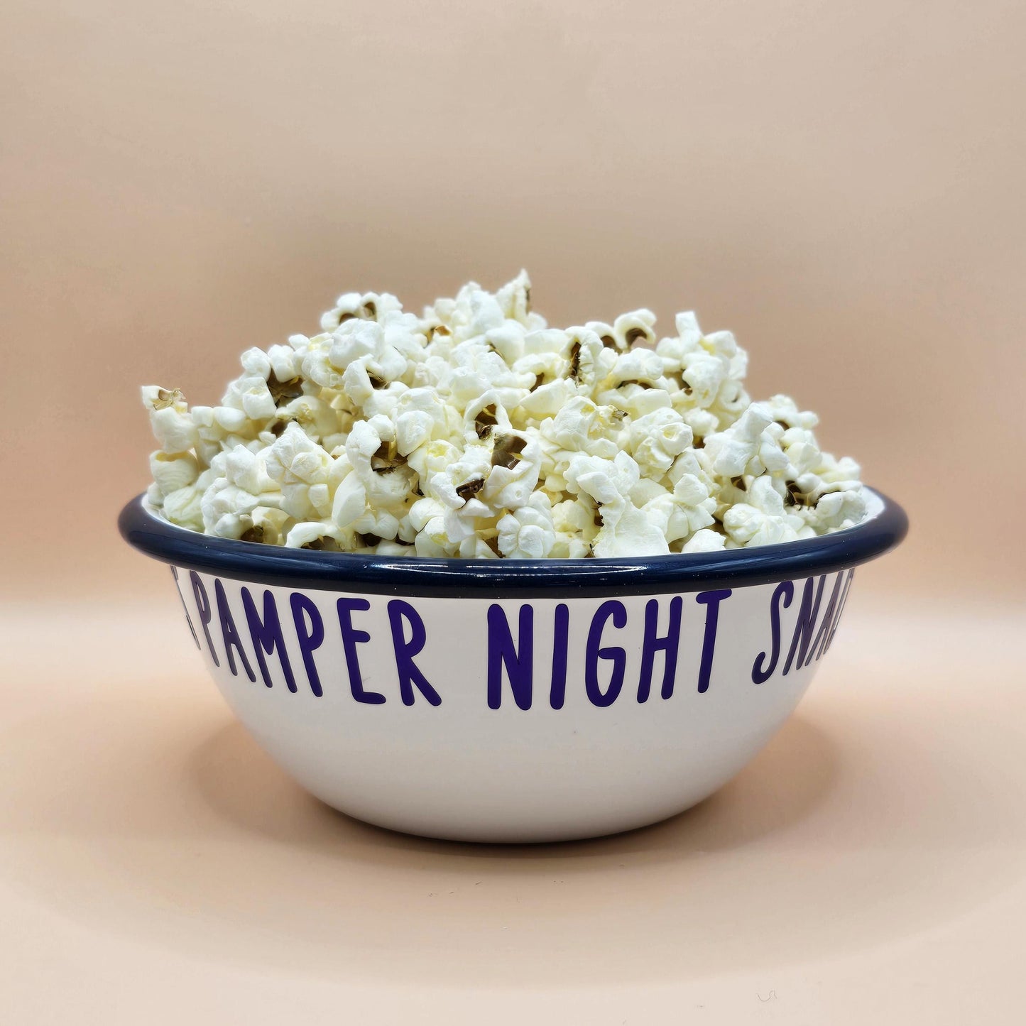 White and Blue Enamel metal snack bowls with sweets and treats, movie night, pamper night or gaming snacks in white, purple, blue or rainbow font, personalised with a name.