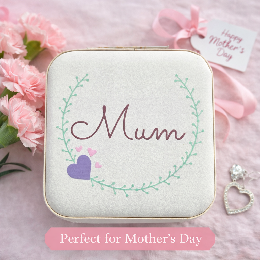 Faux leather, travel jewellery box personalised with a name in the middle of a decorative circle, decorated with hearts. Travel size jewellery case with zip and internal jewellery dividers.