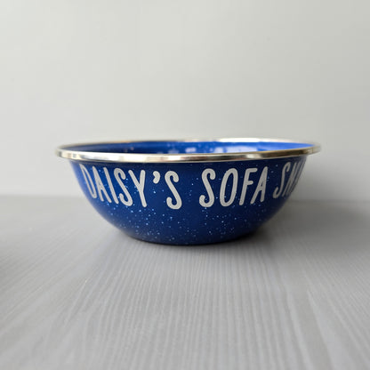 White and Blue Enamel metal snack bowls with sweets and treats, movie night, pamper night or gaming snacks in white, purple, blue or rainbow font, personalised with a name.
