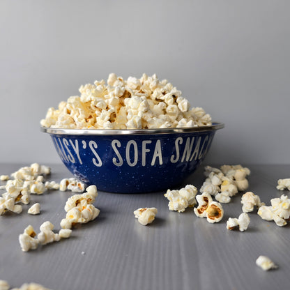 White and Blue Enamel metal snack bowls with sweets and treats, movie night, pamper night or gaming snacks in white, purple, blue or rainbow font, personalised with a name.