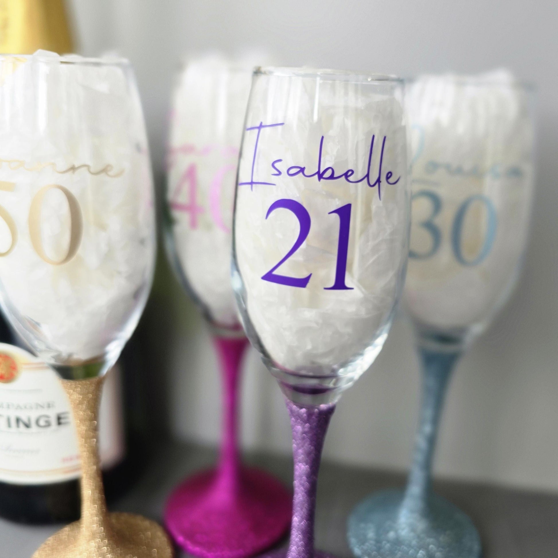 Personalised glitter stem prosecco glass or champagne flute in gold, pink, purple or Blue. Signature style custom name and an age underneath