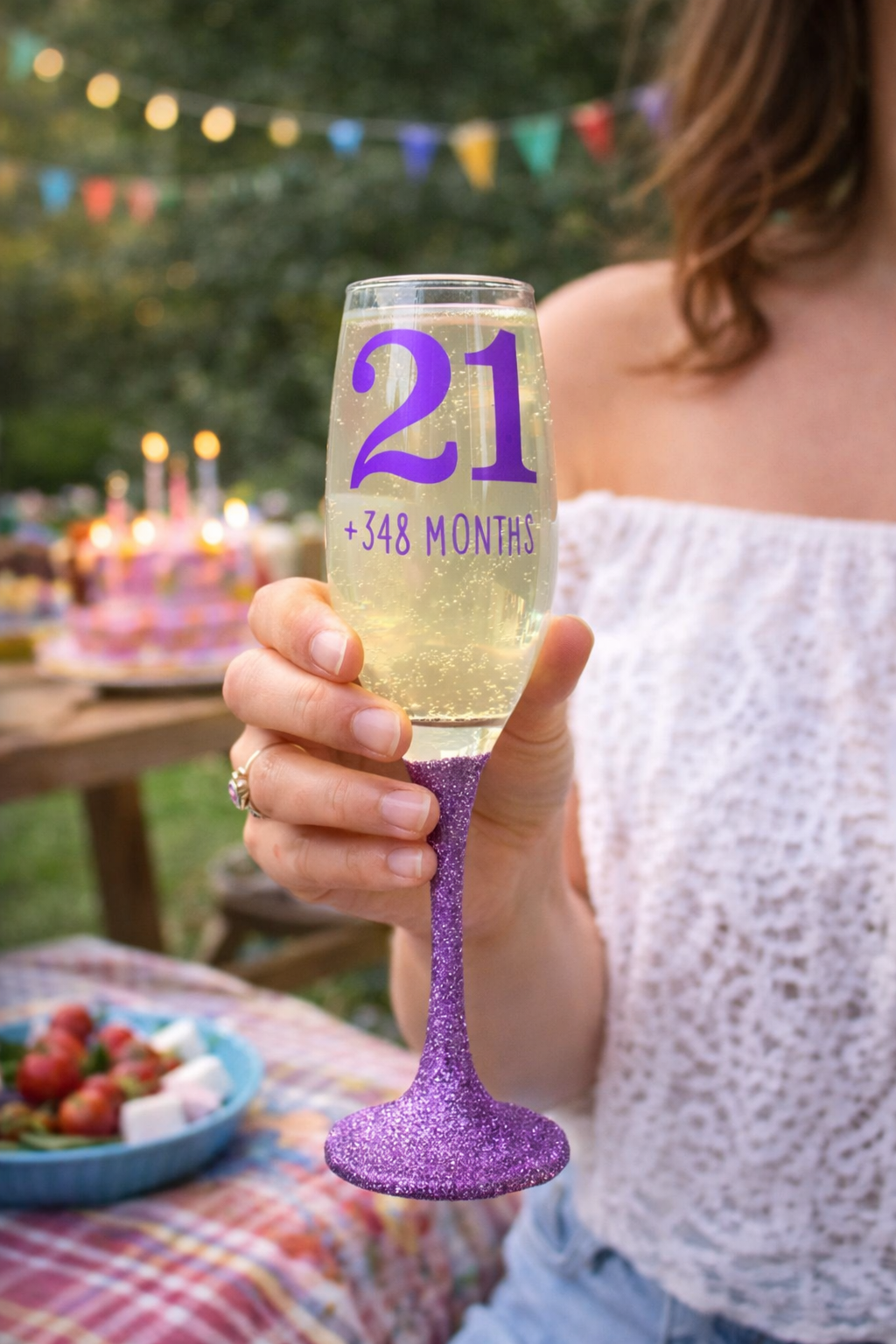 Prosecco glass or Champagne flute decorated with high shine glitter stem and personalised with 21 + the number of months to make up a 30th, 40th, 50th, 60th or 70th Birthday.