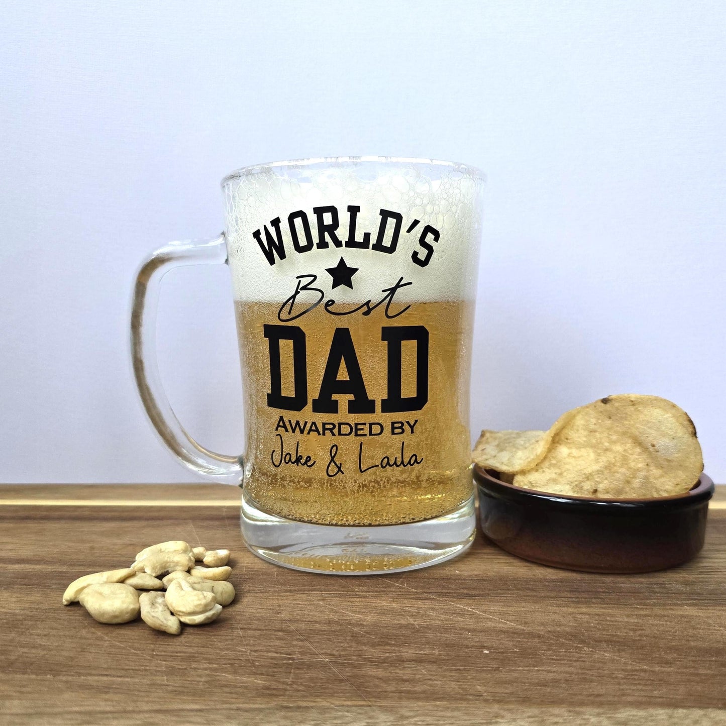 Personalised 'World's Best' beer stein glass customised with Dad, Grandad, Husband or Boyfriend, and 'Awarded by' and the gift givers name.