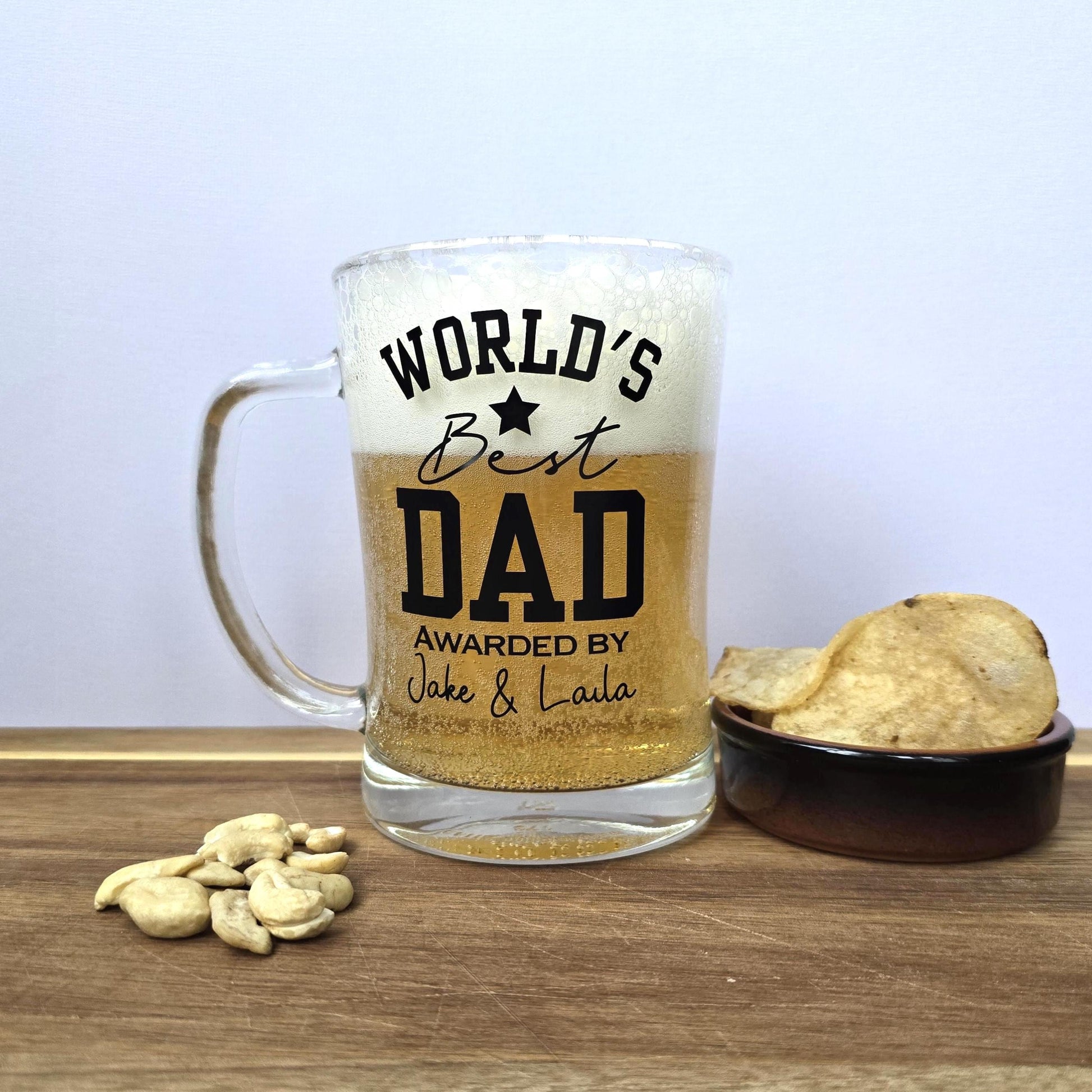 Personalised 'World's Best' beer stein glass customised with Dad, Grandad, Husband or Boyfriend, and 'Awarded by' and the gift givers name.