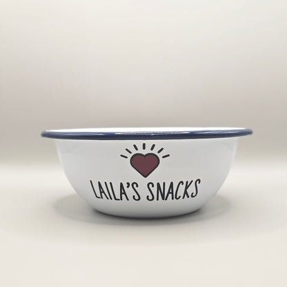 Kids Personalised white metal enamel snack bowl. White enamel metal bowl with navy blue rim. Printed with a yellow star or red heart and a name with snacks written underneath. Perfect for popcorn, sweets, crisps or general snacks.