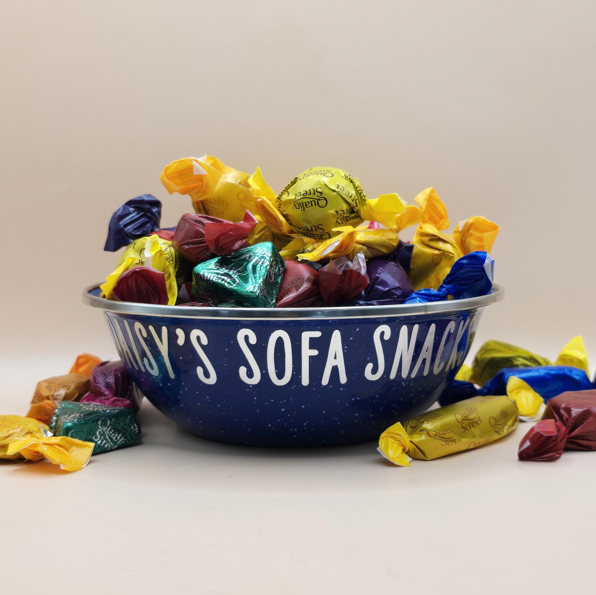 White and Blue Enamel metal snack bowls with sweets and treats, movie night, pamper night or gaming snacks in white, purple, blue or rainbow font, personalised with a name.