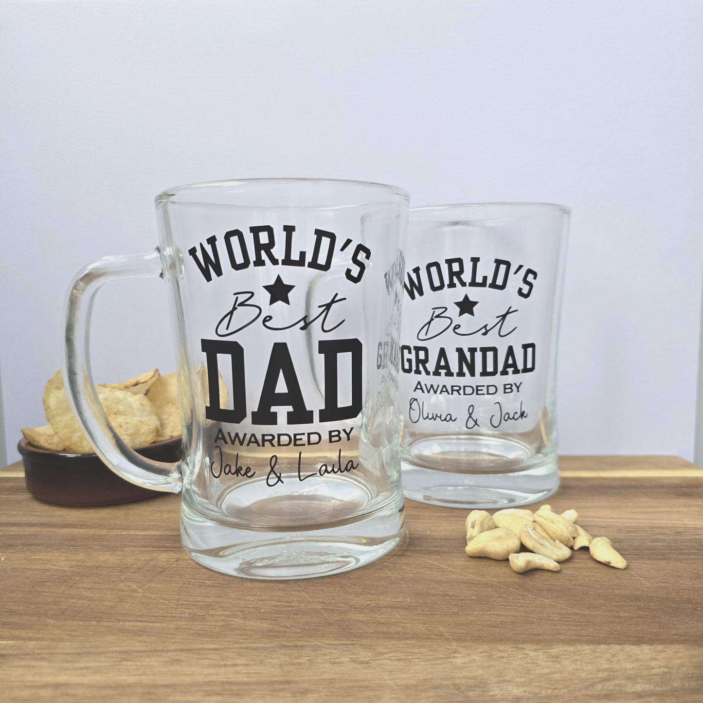 Personalised 'World's Best' beer stein glass customised with Dad, Grandad, Husband or Boyfriend, and 'Awarded by' and the gift givers name.