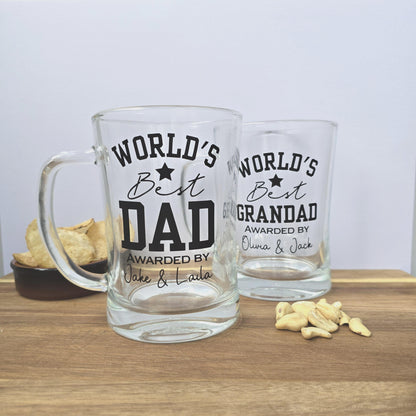 Personalised 'World's Best' beer stein glass customised with Dad, Grandad, Husband or Boyfriend, and 'Awarded by' and the gift givers name.