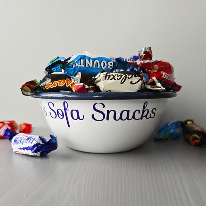White steel enamel metal snack bowls with sofa snacks printed in purple decorative font.