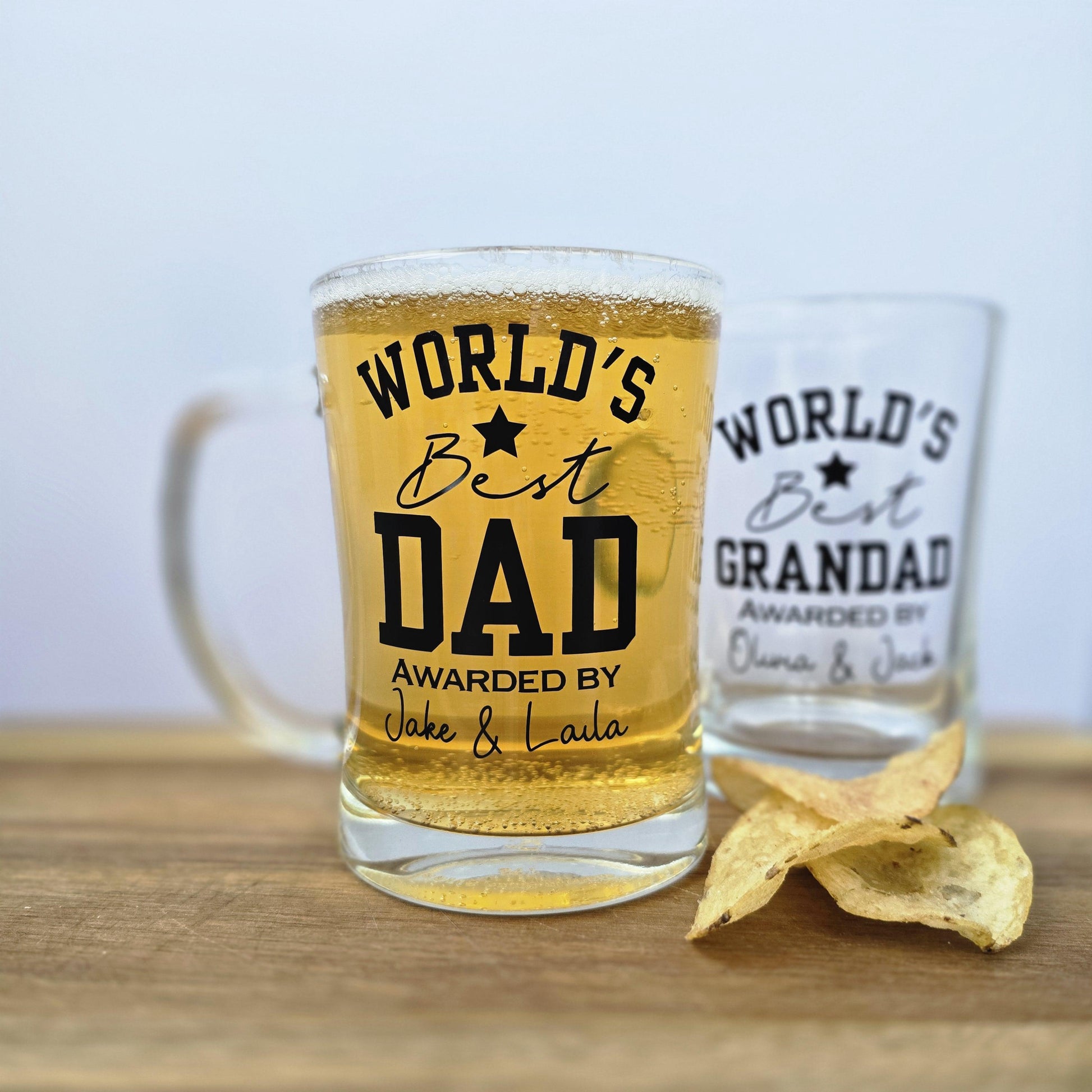 Personalised 'World's Best' beer stein glass customised with Dad, Grandad, Husband or Boyfriend, and 'Awarded by' and the gift givers name.