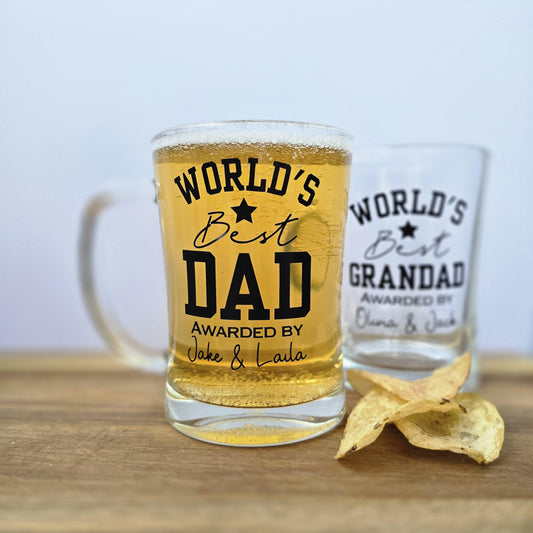 Personalised 'World's Best' beer stein glass customised with Dad, Grandad, Husband or Boyfriend, and 'Awarded by' and the gift givers name.