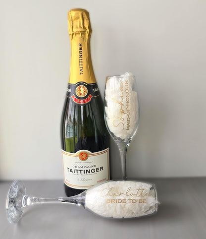 Prosecco glass or Champagne flute decorated with high shine glitter stem and personalised with a name in decorative font and wedding roll – Bride, Groom, Mother of the Bride, Bridesmaid, Sister of the bride, Maid of Honour.