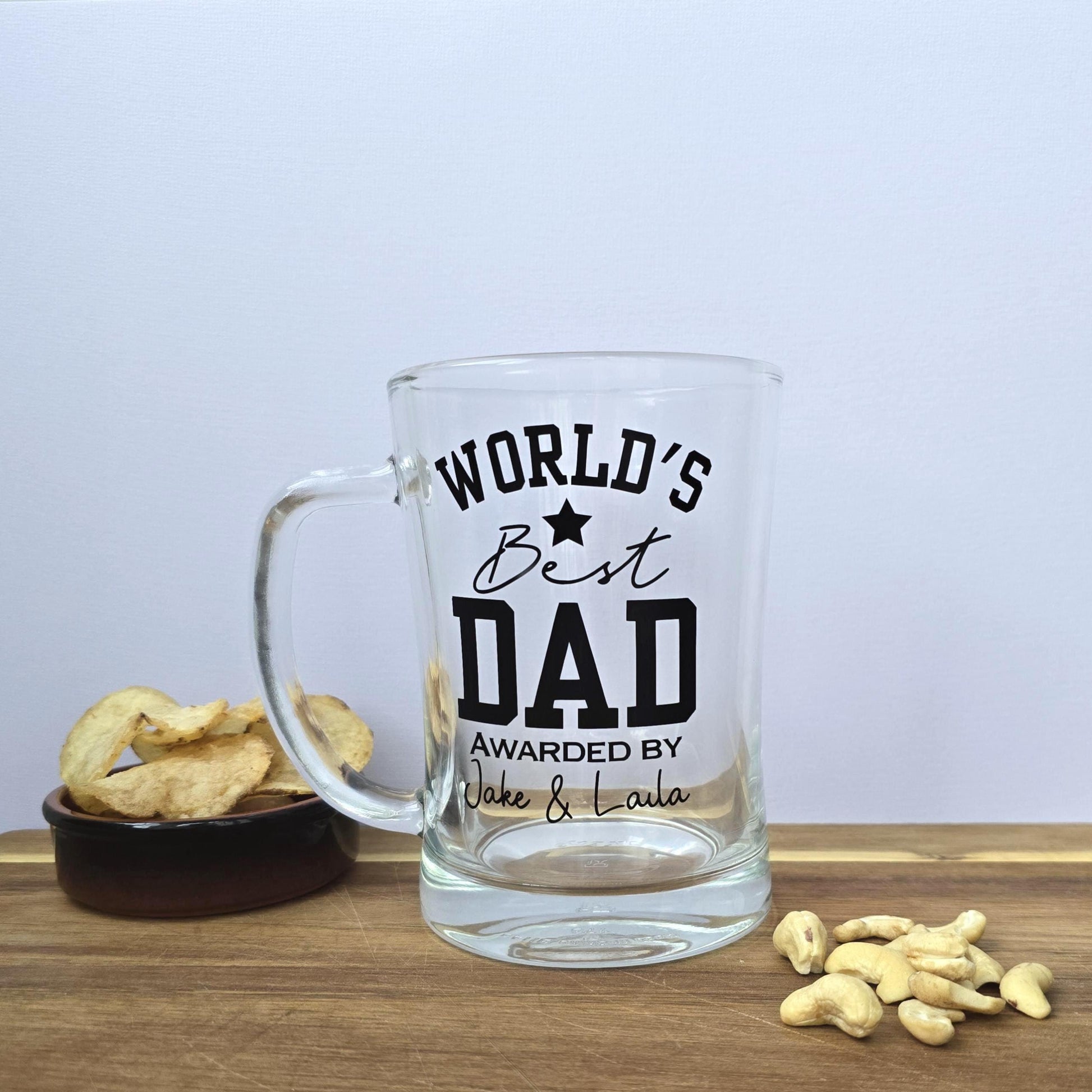 Personalised 'World's Best' beer stein glass customised with Dad, Grandad, Husband or Boyfriend, and 'Awarded by' and the gift givers name.