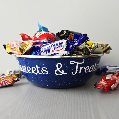 Blue steel enamel metal snack bowls with  sweets and treats snacks printed in white decorative font.