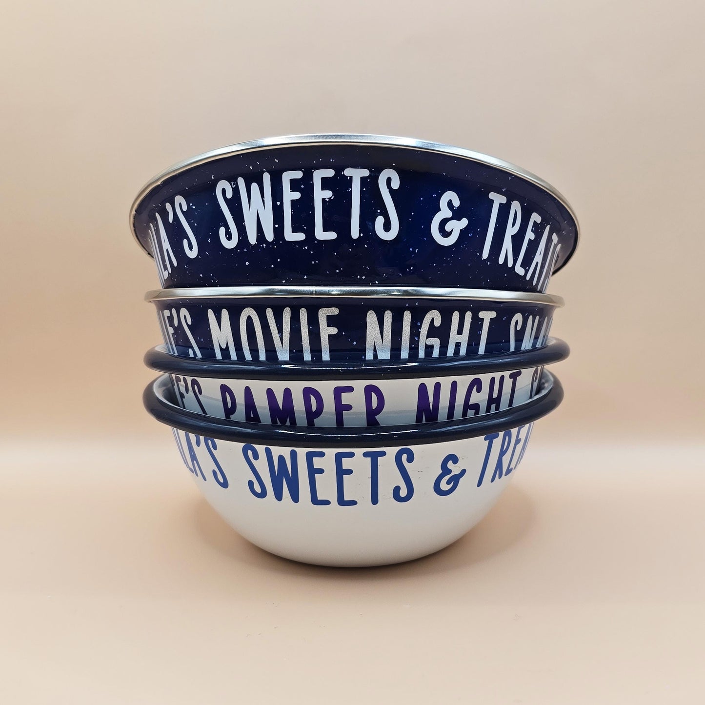 White and Blue Enamel metal snack bowls with sweets and treats, movie night, pamper night or gaming snacks in white, purple, blue or rainbow font, personalised with a name.