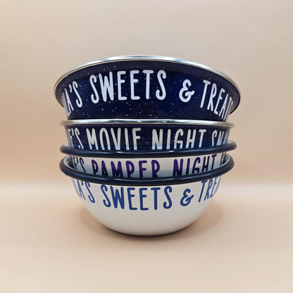 White and Blue Enamel metal snack bowls with sweets and treats, movie night, pamper night or gaming snacks in white, purple, blue or rainbow font, personalised with a name.