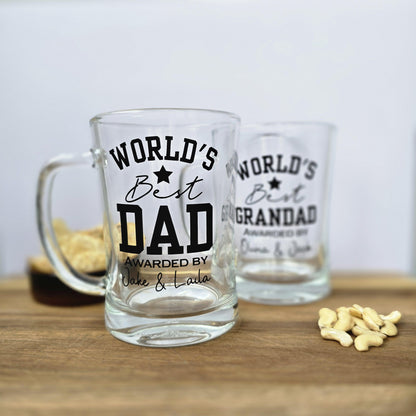 Personalised 'World's Best' beer stein glass customised with Dad, Grandad, Husband or Boyfriend, and 'Awarded by' and the gift givers name.