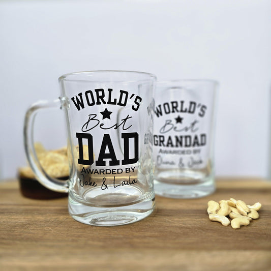 Personalised 'World's Best' beer stein glass customised with Dad, Grandad, Husband or Boyfriend, and 'Awarded by' and the gift givers name.