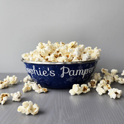 Blue steel enamel metal snack bowls with pamper night snacks printed in silver decorative font.