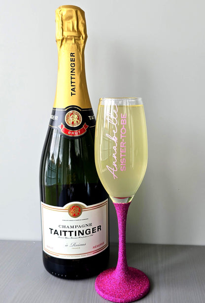 Prosecco glass or Champagne flute decorated with high shine glitter stem and personalised with a name in decorative font and wedding roll – Bride, Groom, Mother of the Bride, Bridesmaid, Sister of the bride, Maid of Honour.