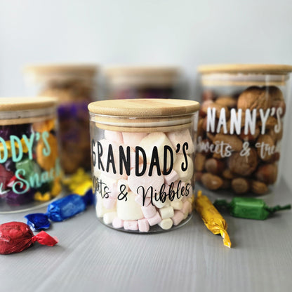Jar labeled 'Grandad's Sweets & Nibbles' with other labeled jars in the background.