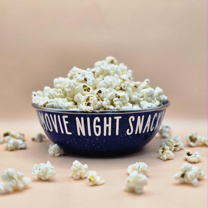 White and Blue Enamel metal snack bowls with sweets and treats, movie night, pamper night or gaming snacks in white, purple, blue or rainbow font, personalised with a name.