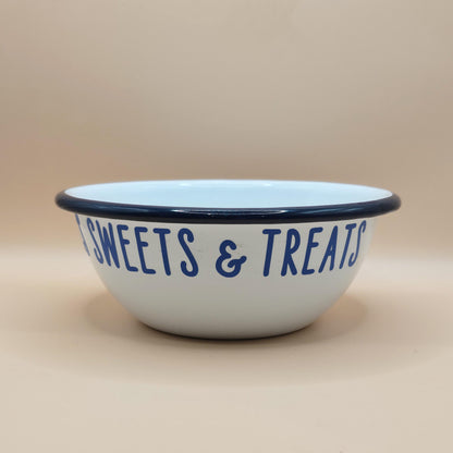 White and Blue Enamel metal snack bowls with sweets and treats, movie night, pamper night or gaming snacks in white, purple, blue or rainbow font, personalised with a name.
