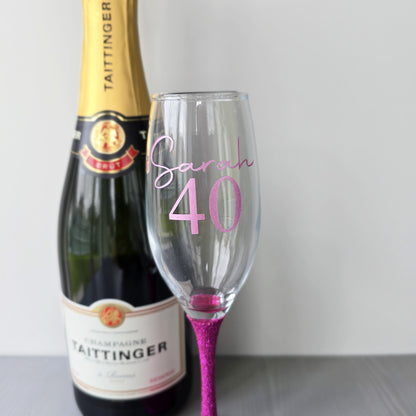 Personalised glitter stem prosecco glass or champagne flute in gold, pink, purple or Blue. Signature style custom name and an age underneath