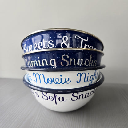 Blue and white steel enamel metal snack bowls with either sweets and treats, gaming snacks, movie night snacks, sofa snacks or pamper night snacks printed in white, silver, blue or purple decorative font.