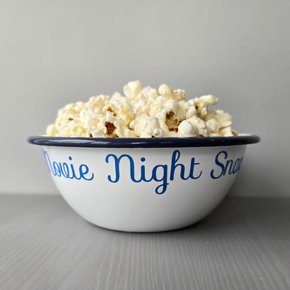 White steel enamel metal snack bowls with sofa snacks printed in purple decorative font.