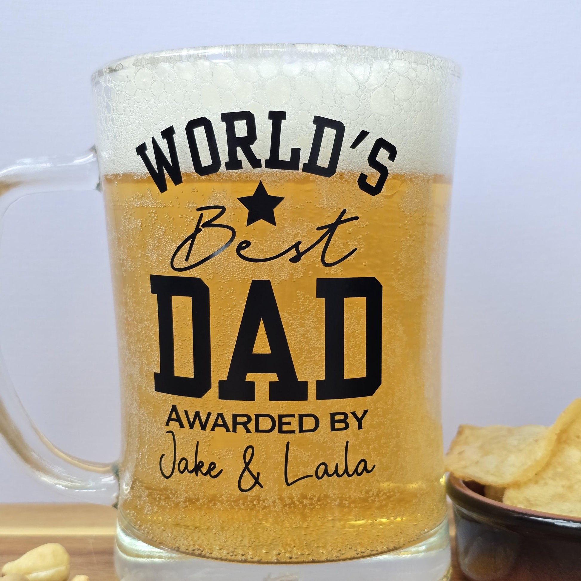Personalised 'World's Best' beer stein glass customised with Dad, Grandad, Husband or Boyfriend, and 'Awarded by' and the gift givers name.