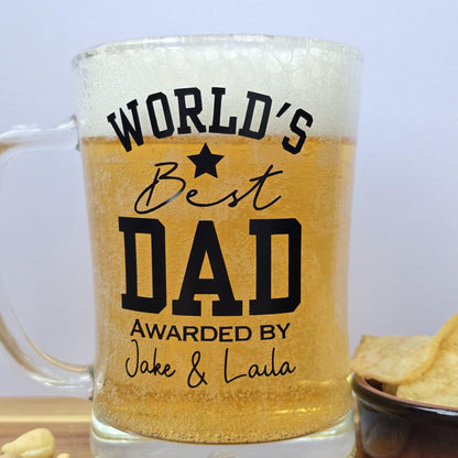 Personalised 'World's Best' beer stein glass customised with Dad, Grandad, Husband or Boyfriend, and 'Awarded by' and the gift givers name.