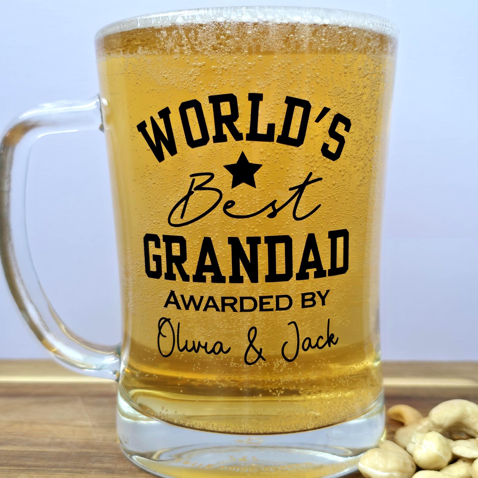 Personalised 'World's Best' beer stein glass customised with Dad, Grandad, Husband or Boyfriend, and 'Awarded by' and the gift givers name.