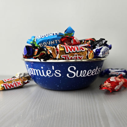 Blue steel enamel metal snack bowls with sweets and treats snacks printed in white  decorative font.