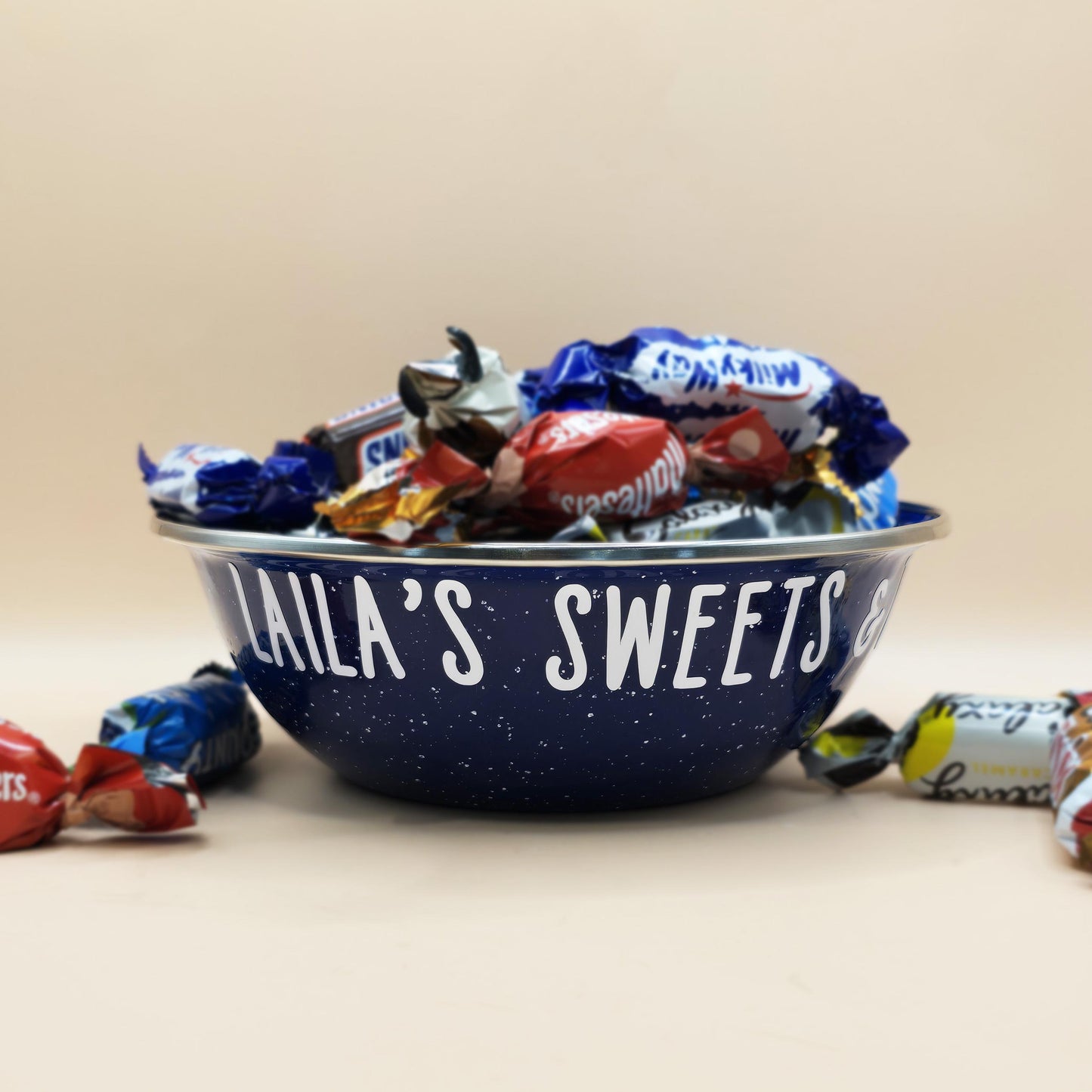 White and Blue Enamel metal snack bowls with sweets and treats, movie night, pamper night or gaming snacks in white, purple, blue or rainbow font, personalised with a name.