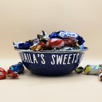 White and Blue Enamel metal snack bowls with sweets and treats, movie night, pamper night or gaming snacks in white, purple, blue or rainbow font, personalised with a name.