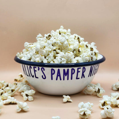 White and Blue Enamel metal snack bowls with sweets and treats, movie night, pamper night or gaming snacks in white, purple, blue or rainbow font, personalised with a name.