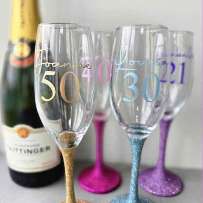 Personalised glitter stem prosecco glass or champagne flute in gold, pink, purple or Blue. Signature style custom name and an age underneath