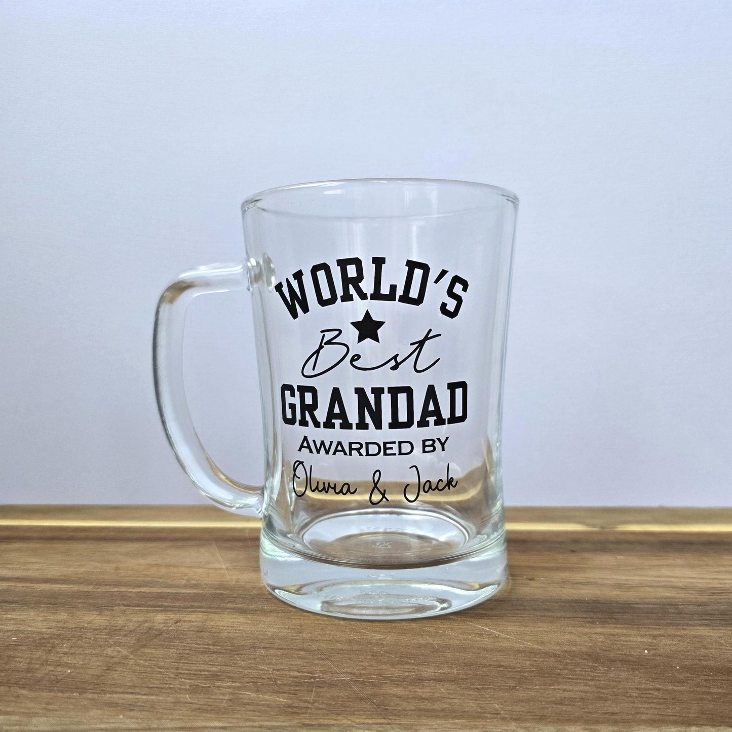 Personalised 'World's Best' beer stein glass customised with Dad, Grandad, Husband or Boyfriend, and 'Awarded by' and the gift givers name.