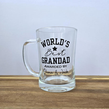 Personalised 'World's Best' beer stein glass customised with Dad, Grandad, Husband or Boyfriend, and 'Awarded by' and the gift givers name.
