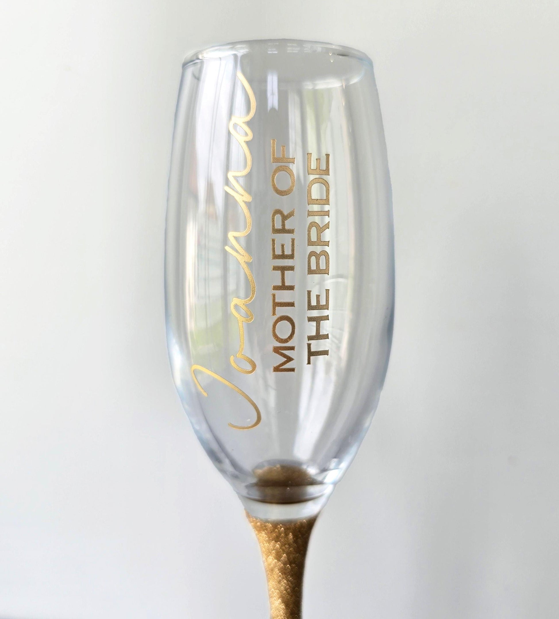 Prosecco glass or Champagne flute decorated with high shine glitter stem and personalised with a name in decorative font and wedding roll – Bride, Groom, Mother of the Bride, Bridesmaid, Sister of the bride, Maid of Honour.