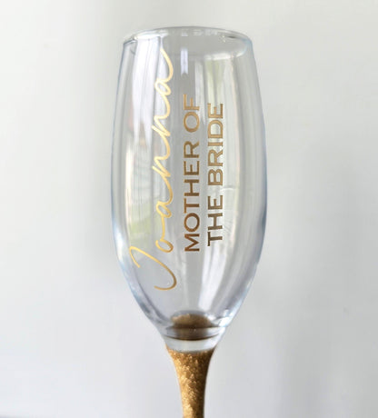 Prosecco glass or Champagne flute decorated with high shine glitter stem and personalised with a name in decorative font and wedding roll – Bride, Groom, Mother of the Bride, Bridesmaid, Sister of the bride, Maid of Honour.